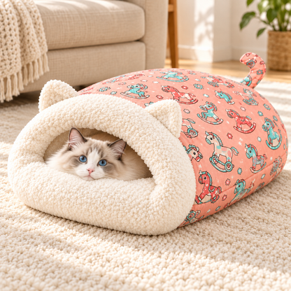 🐱🛏️Semi-Enclosed Hooded Pet Sleeping Bag Cave Bed | Draft-Blocking, Cozy Indoor Winter Rest Spot