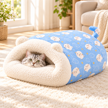 🐱🛏️Semi-Enclosed Hooded Pet Sleeping Bag Cave Bed | Draft-Blocking, Cozy Indoor Winter Rest Spot