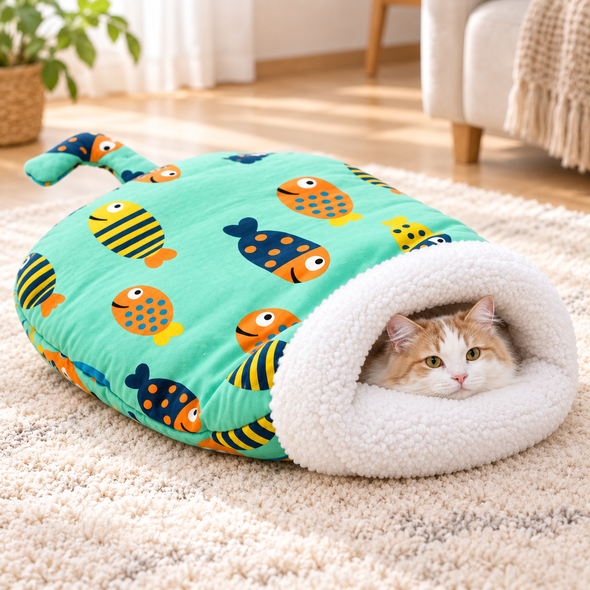 🐱🛏️Semi-Enclosed Hooded Pet Sleeping Bag Cave Bed | Draft-Blocking, Cozy Indoor Winter Rest Spot