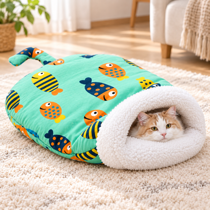 🐱🛏️Semi-Enclosed Hooded Pet Sleeping Bag Cave Bed | Draft-Blocking, Cozy Indoor Winter Rest Spot