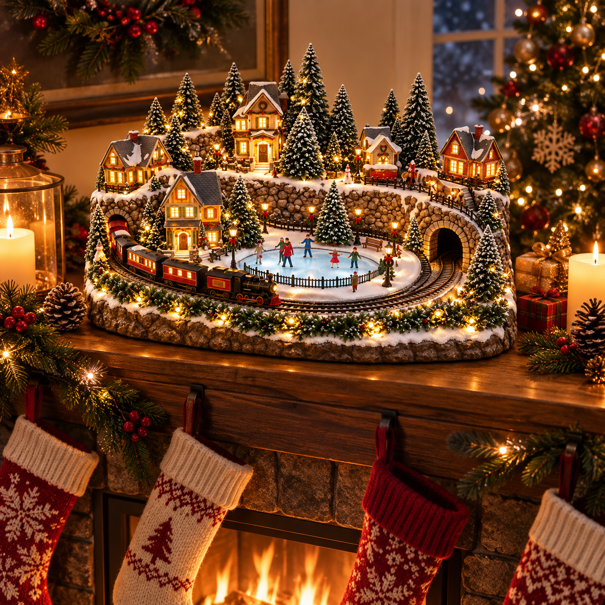 🔥Animated Holiday Train & Ice Rink Scene ✨