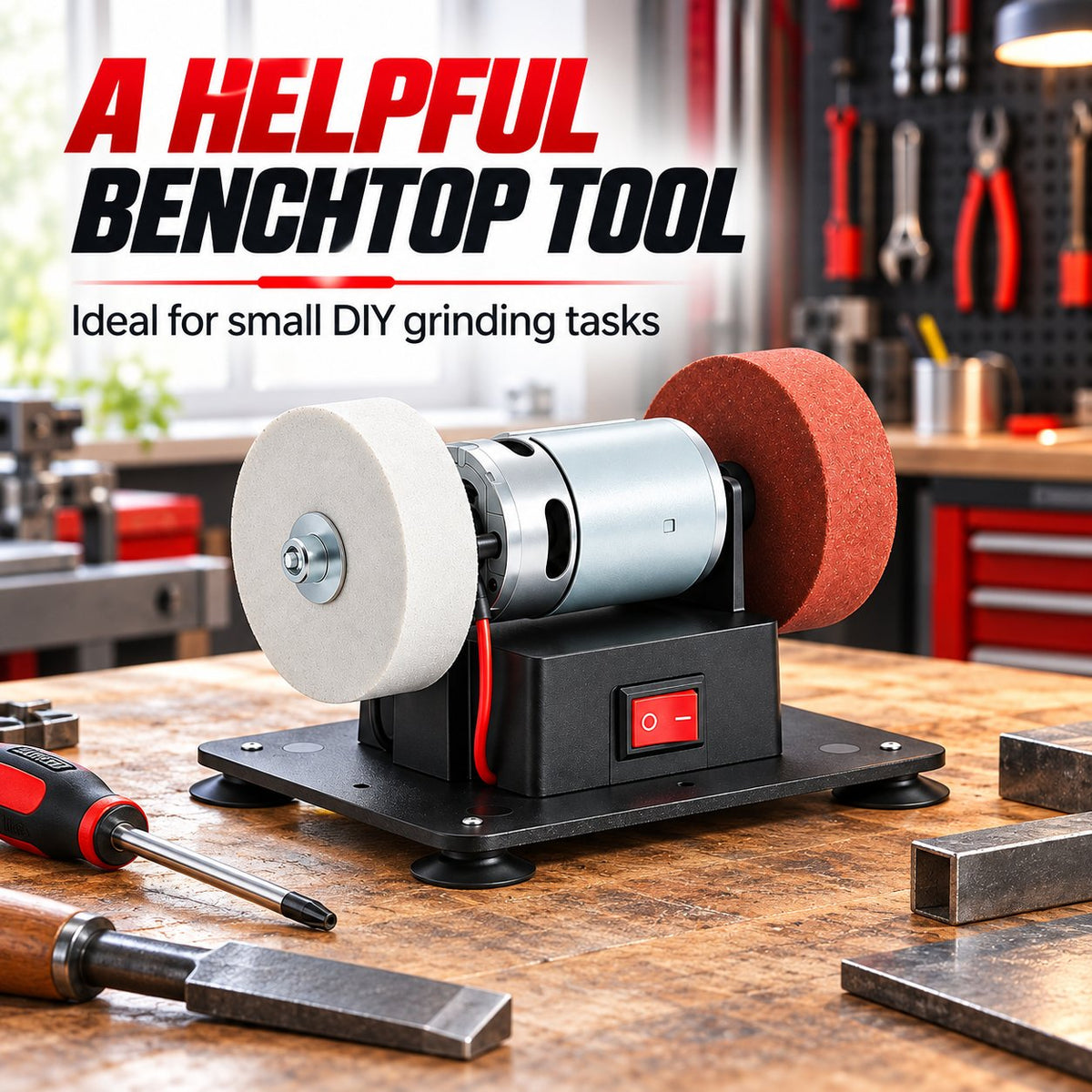 100W Mini Bench Grinder – Variable Speed & Dual Grinding Wheels for Sharpening, Deburring and DIY Projects