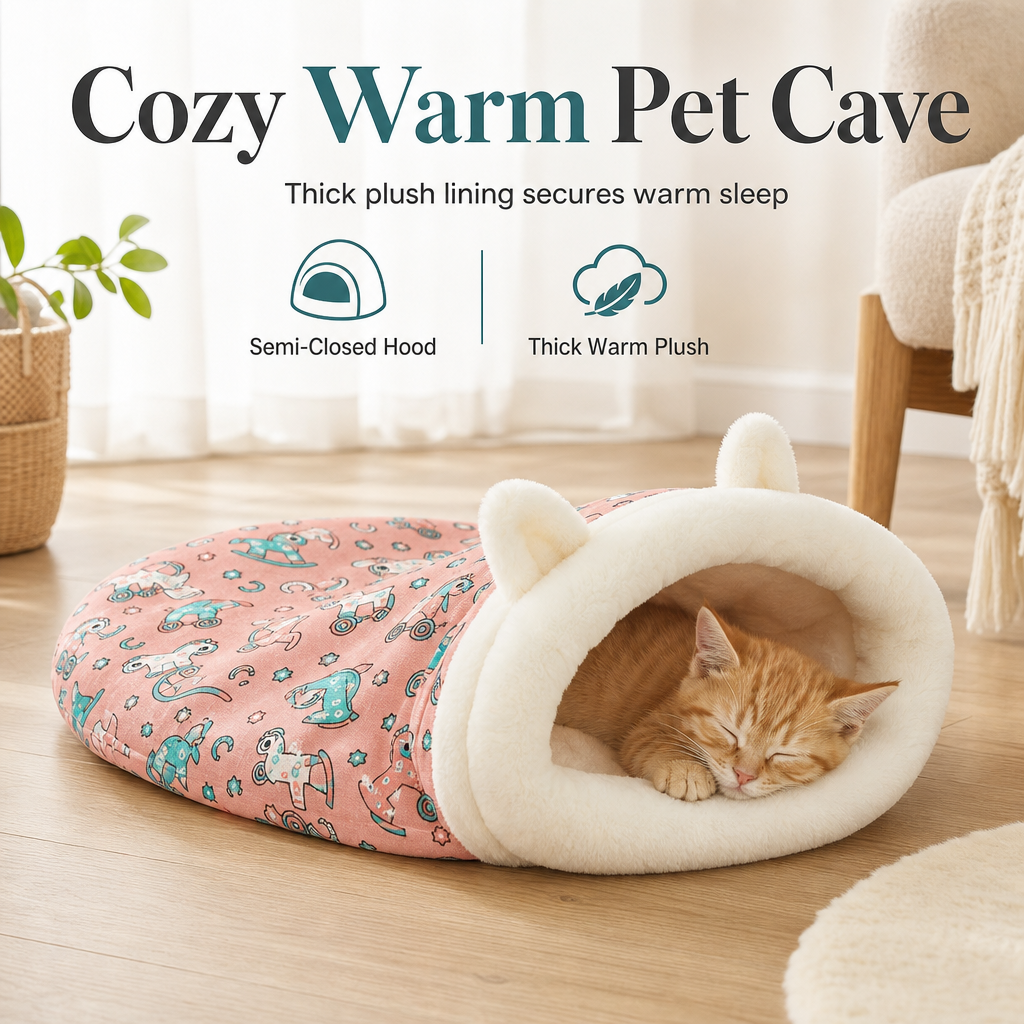 🐱🛏️Semi-Enclosed Hooded Pet Sleeping Bag Cave Bed | Draft-Blocking, Cozy Indoor Winter Rest Spot