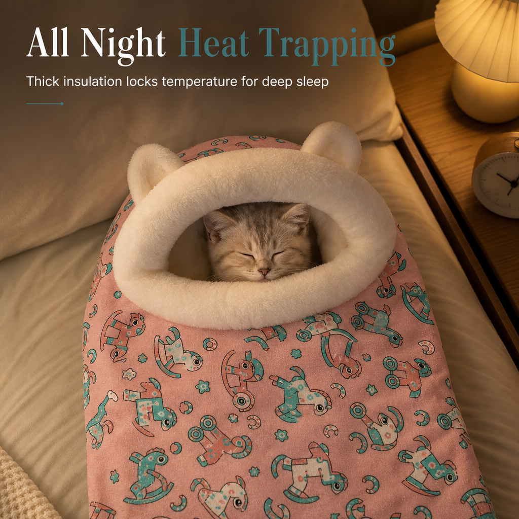 🐱🛏️Semi-Enclosed Hooded Pet Sleeping Bag Cave Bed | Draft-Blocking, Cozy Indoor Winter Rest Spot