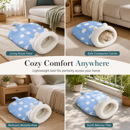 🐱🛏️Semi-Enclosed Hooded Pet Sleeping Bag Cave Bed | Draft-Blocking, Cozy Indoor Winter Rest Spot