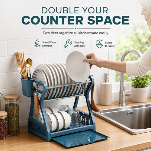 Multi-tier Dish Drying Rack – Includes an upright plate rack and a drip tray; no tools required for assembly.