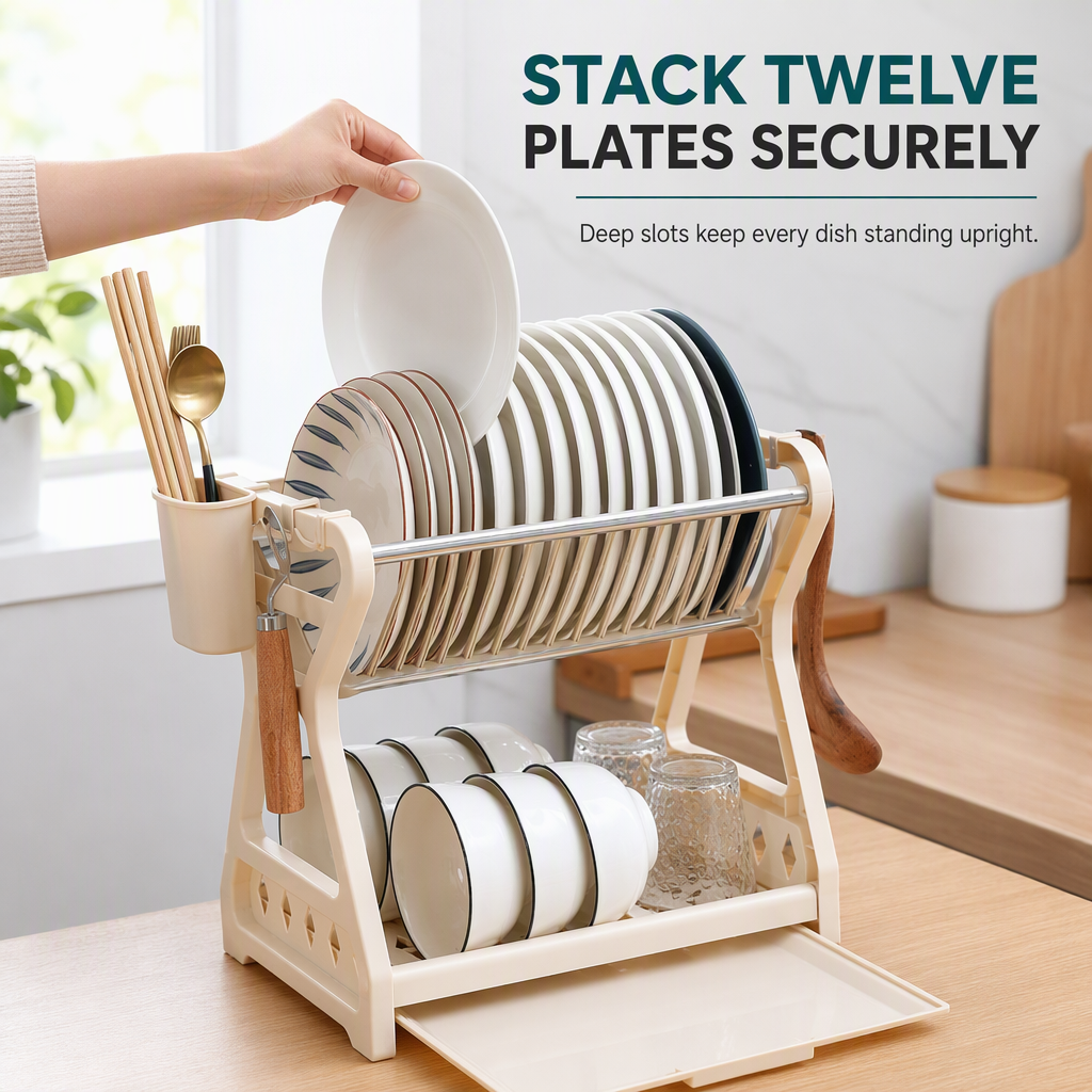 Multi-tier Dish Drying Rack – Includes an upright plate rack and a drip tray; no tools required for assembly.