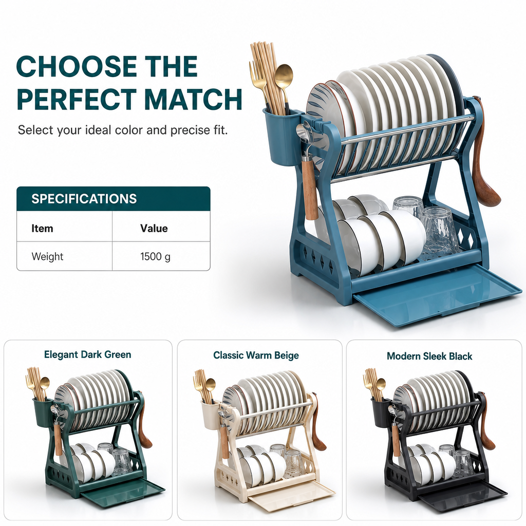 Multi-tier Dish Drying Rack – Includes an upright plate rack and a drip tray; no tools required for assembly.