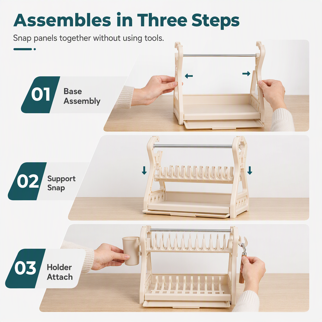 Multi-tier Dish Drying Rack – Includes an upright plate rack and a drip tray; no tools required for assembly.