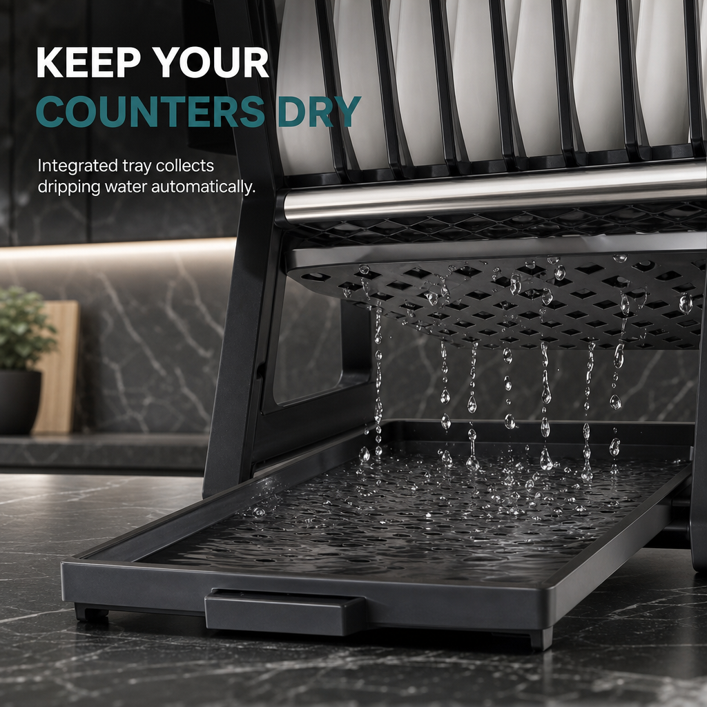 Multi-tier Dish Drying Rack – Includes an upright plate rack and a drip tray; no tools required for assembly.