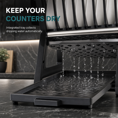 Multi-tier Dish Drying Rack – Includes an upright plate rack and a drip tray; no tools required for assembly.