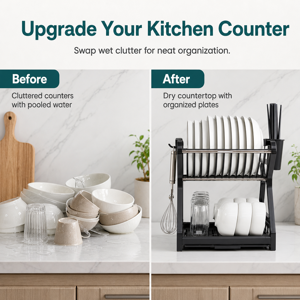 Multi-tier Dish Drying Rack – Includes an upright plate rack and a drip tray; no tools required for assembly.