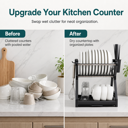 Multi-tier Dish Drying Rack – Includes an upright plate rack and a drip tray; no tools required for assembly.