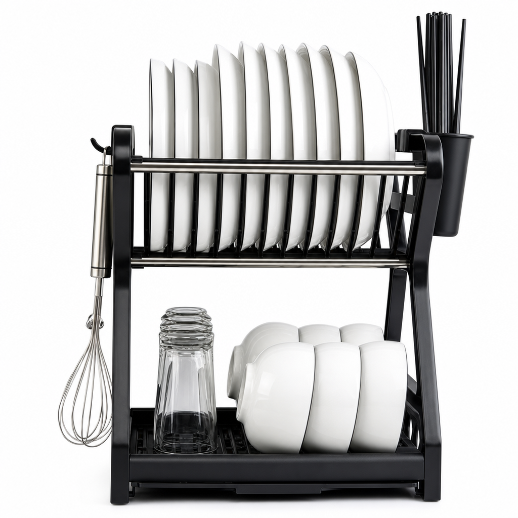 Multi-tier Dish Drying Rack – Includes an upright plate rack and a drip tray; no tools required for assembly.