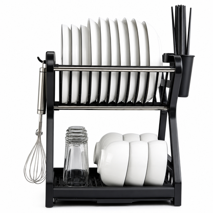 Multi-tier Dish Drying Rack – Includes an upright plate rack and a drip tray; no tools required for assembly.